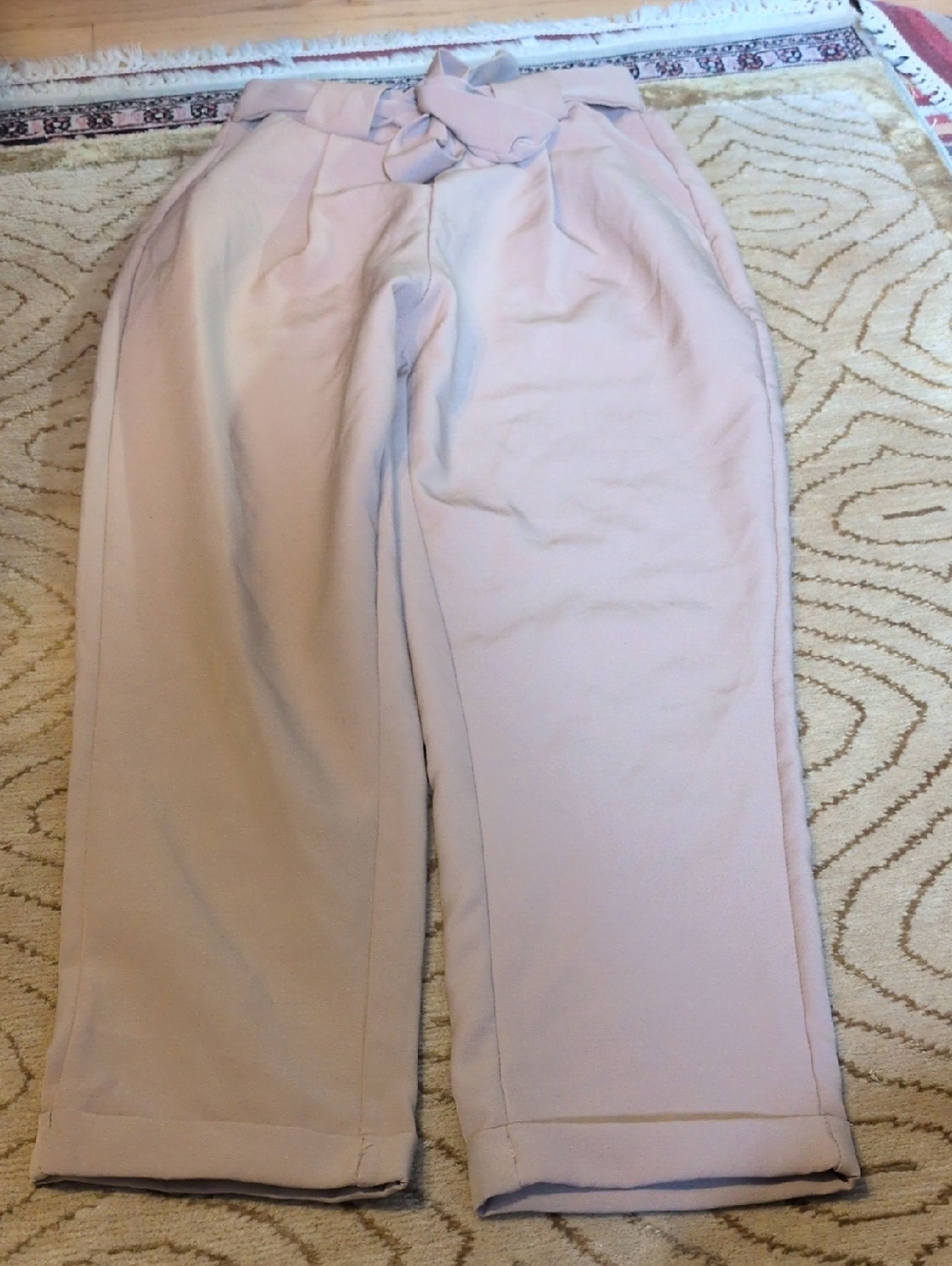 High-Waist Tie-Belt Wide Leg Pants Khaki Small Made In Italy
